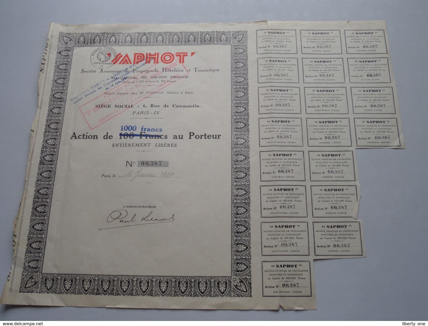 SAPHOT ( Paris ) Action De 1000 Francs Au Porteur N° 00,387 - 1929 ( Voir Photo Pour Detail )! - S - V