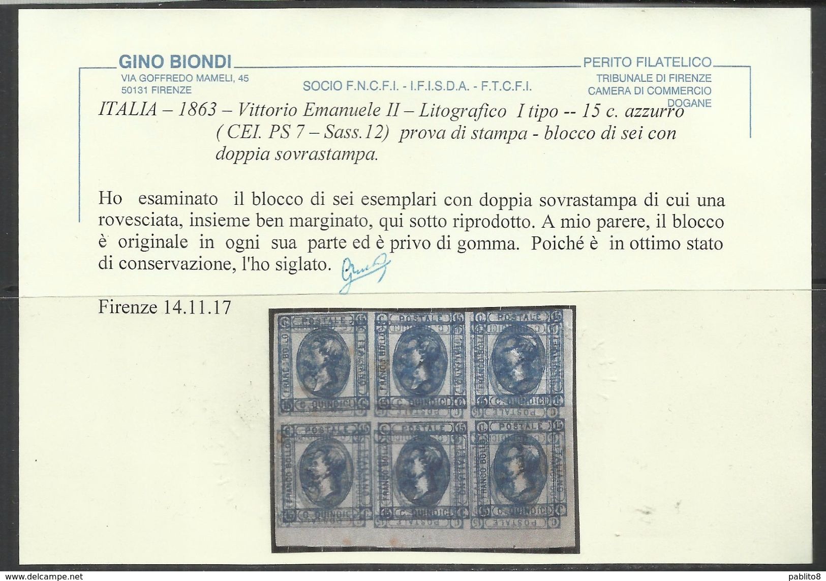 ITALIA REGNO ITALY KINGDOM 1863 CENT.15 I TIPO VARIETA' DOPPIA STAMPA ROVESCIATA VARIETY  BLOCCO BLOCK - Mint/hinged