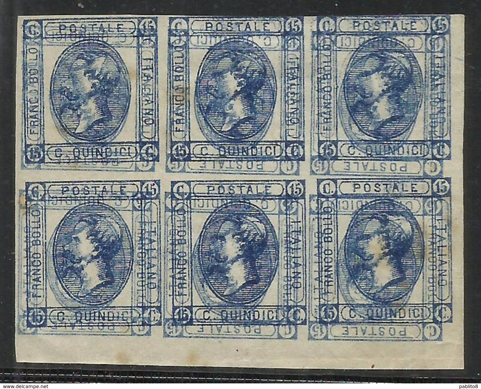 ITALIA REGNO ITALY KINGDOM 1863 CENT.15 I TIPO VARIETA' DOPPIA STAMPA ROVESCIATA VARIETY  BLOCCO BLOCK - Mint/hinged