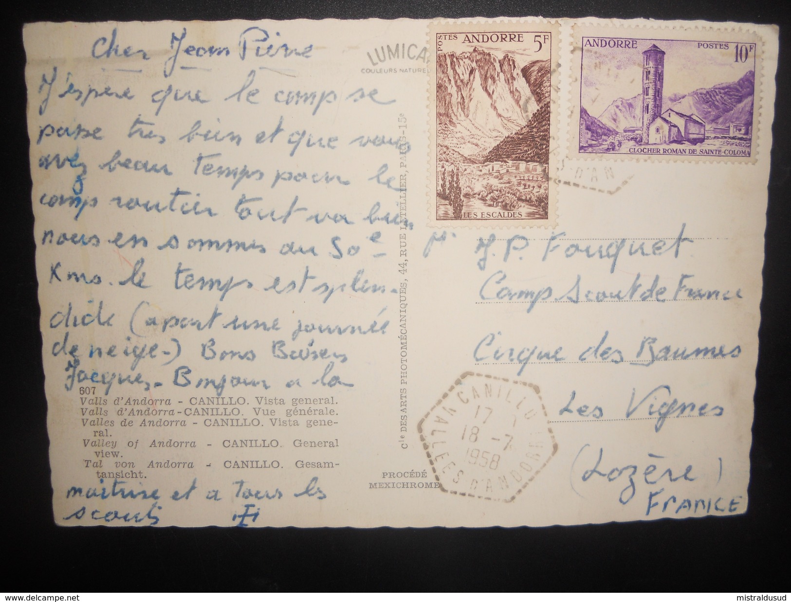 Andorre Français Carte De Canillo 1958 Pour Les Vignes - Lettres & Documents