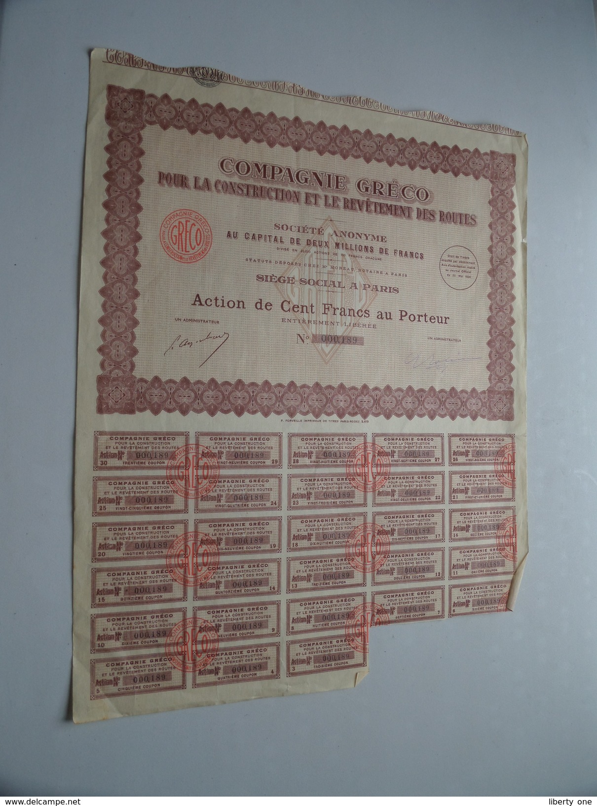 Cie Gréco / Action De Cent Francs N° 000,189 ( Voir Photo Pour Detail )! - G - I