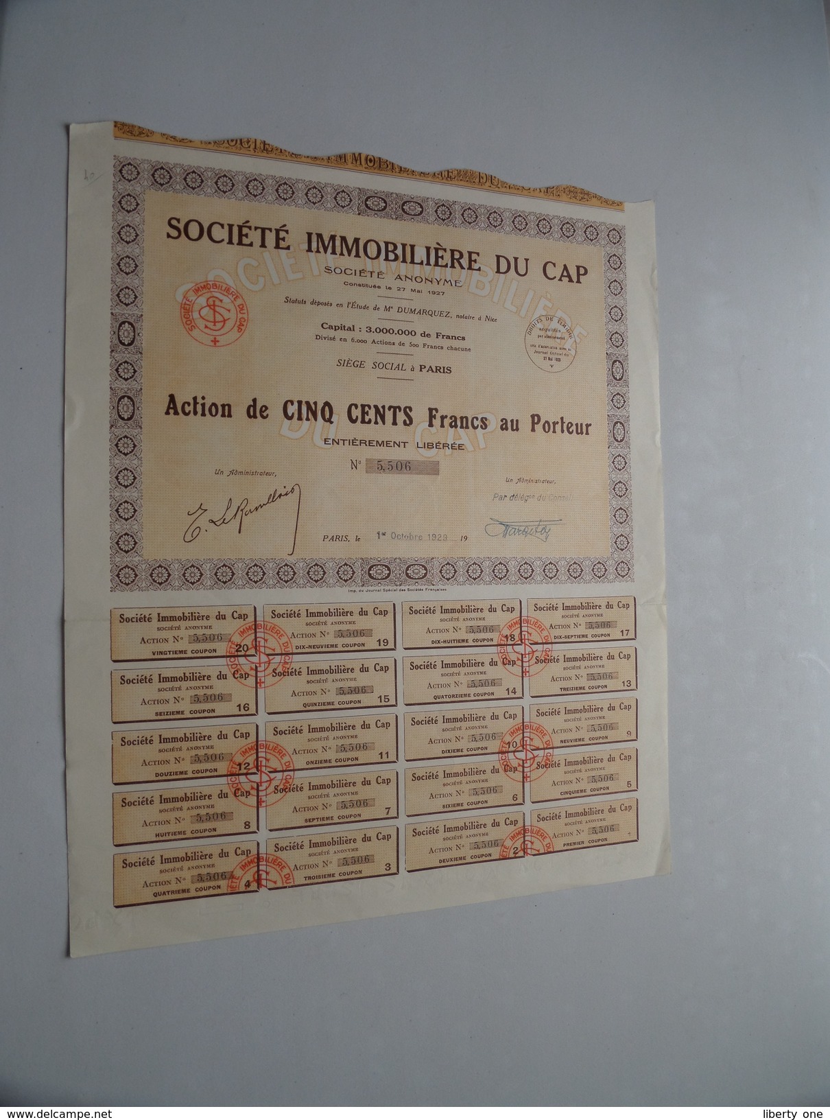 Soc. IMMO Du CAP ( Paris ) Action De Cinq Cents Francs Au Porteur N° 5506 ( Voir Photo Pour Detail )! - A - C