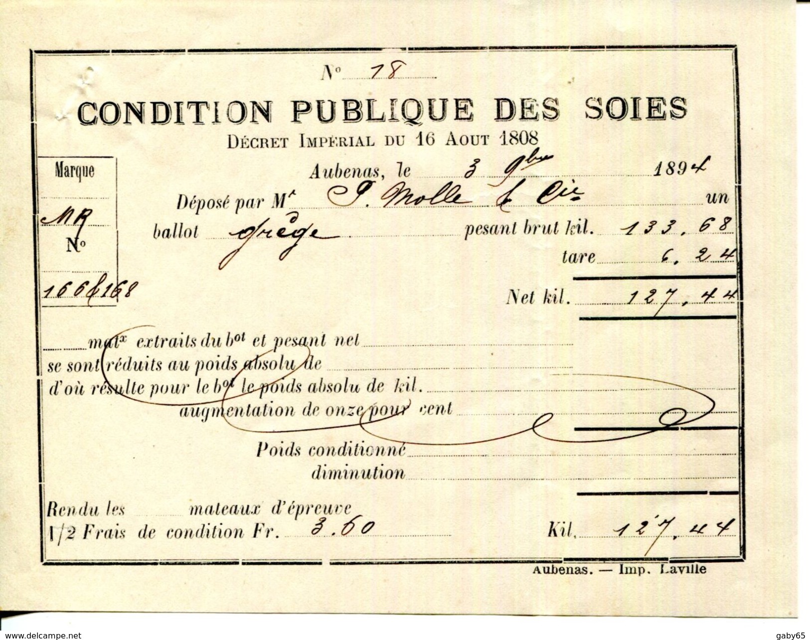 .07.ARDECHE.AUBENAS.BULLETIN DE DEPOT CONDITION PUBLIQUE DES SOIES.1894. - Andere & Zonder Classificatie