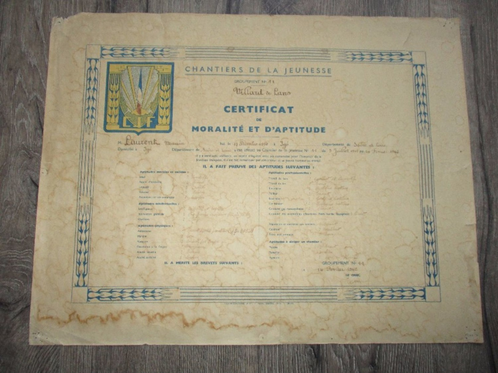 CERTIFICAT CHANTIERS JEUNESSE, PERIODE VICHY  (1) - Documents