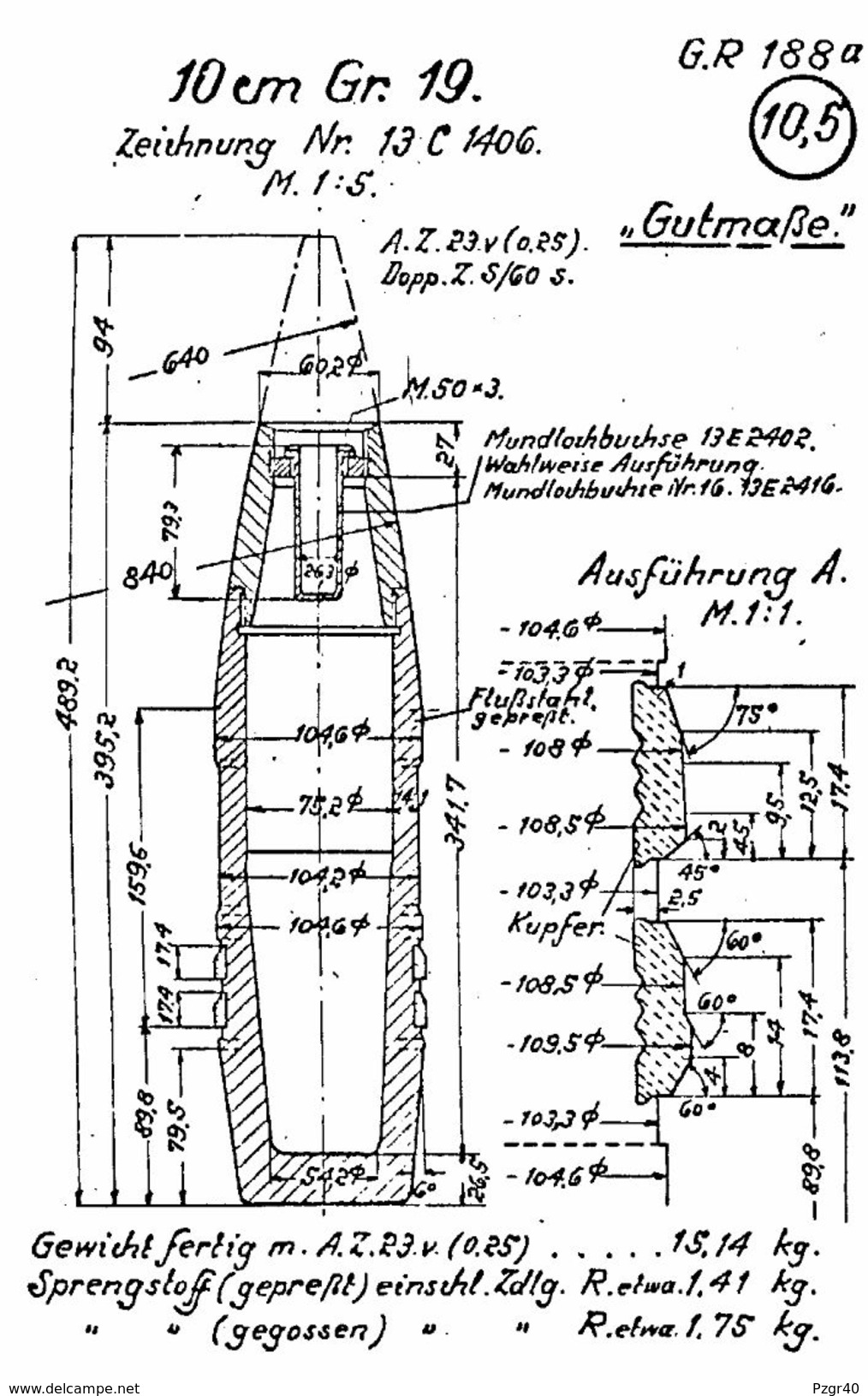 Obus Allemand Explo 10,5 Cm Granate 19 Neutralisé - Sammlerwaffen