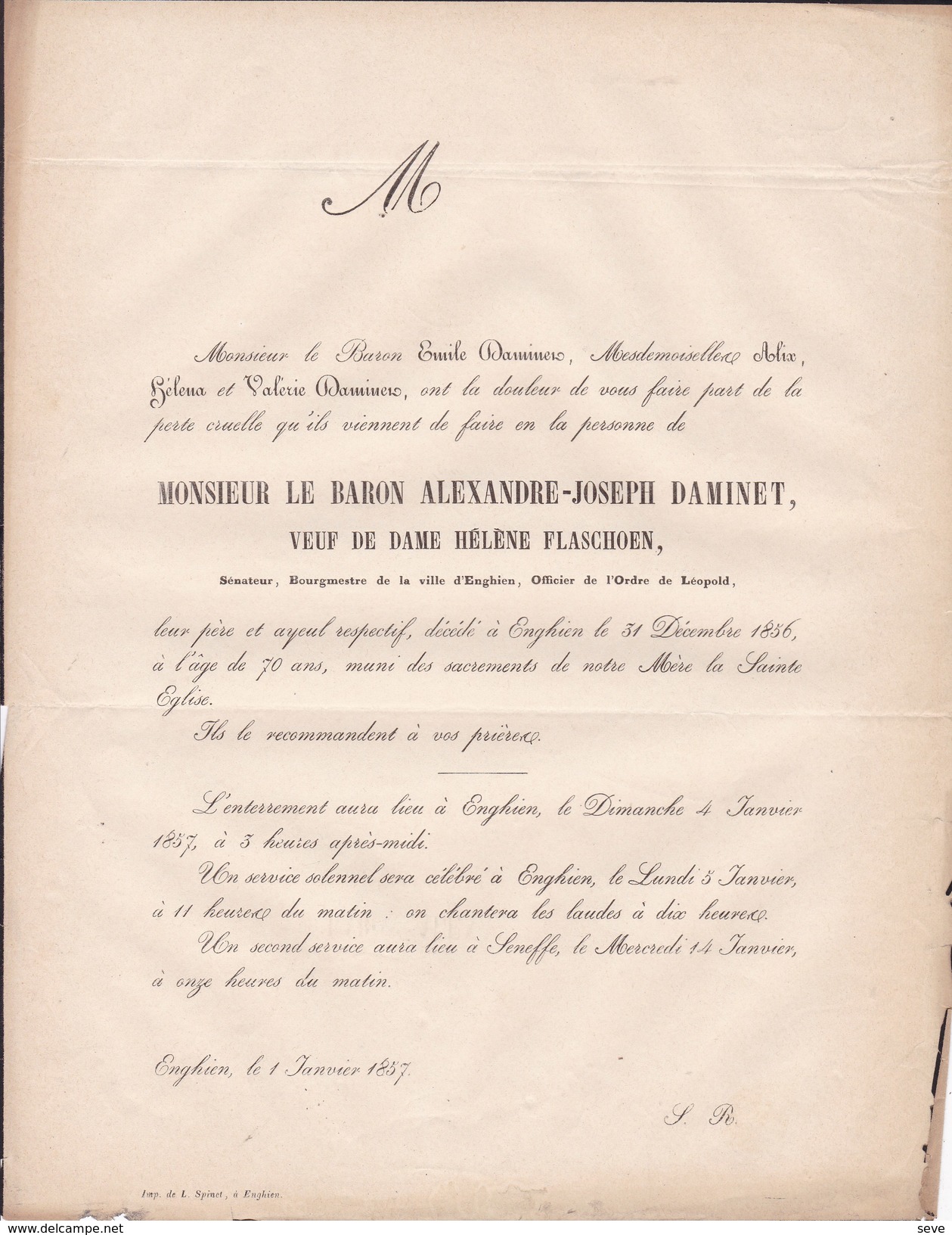 ENGHIEN Baron Alexandre DAMINET Veuf FLASCHOEN Sénateur Bourgmestre 70 Ans 1856 Faire-part Mortuaire - Obituary Notices