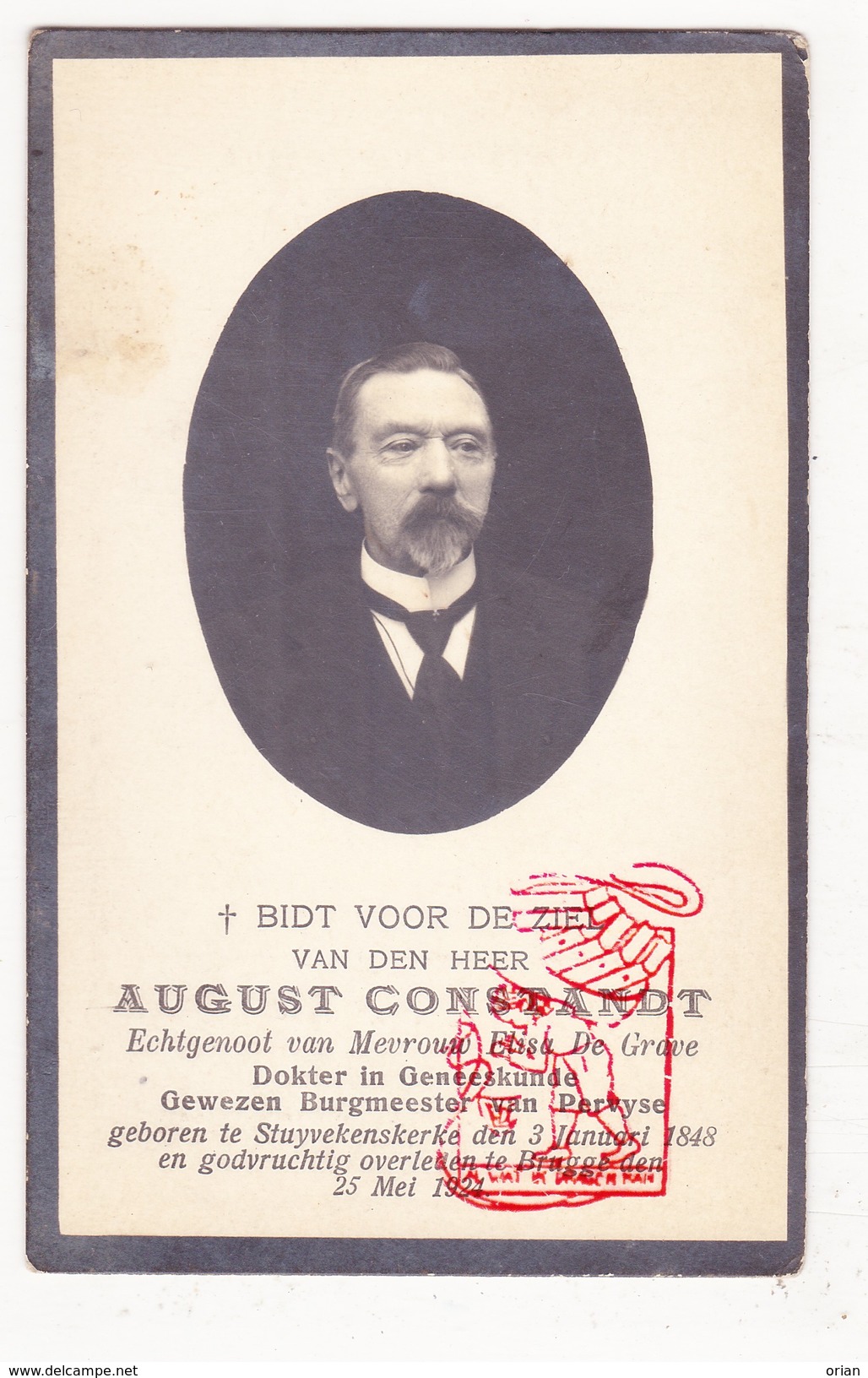 DP Foto Burgemeester Pervijze Dokter August Constandt ° Stuivekenskerke Diksmuide 1848 † Brugge X E. De Grave - Images Religieuses