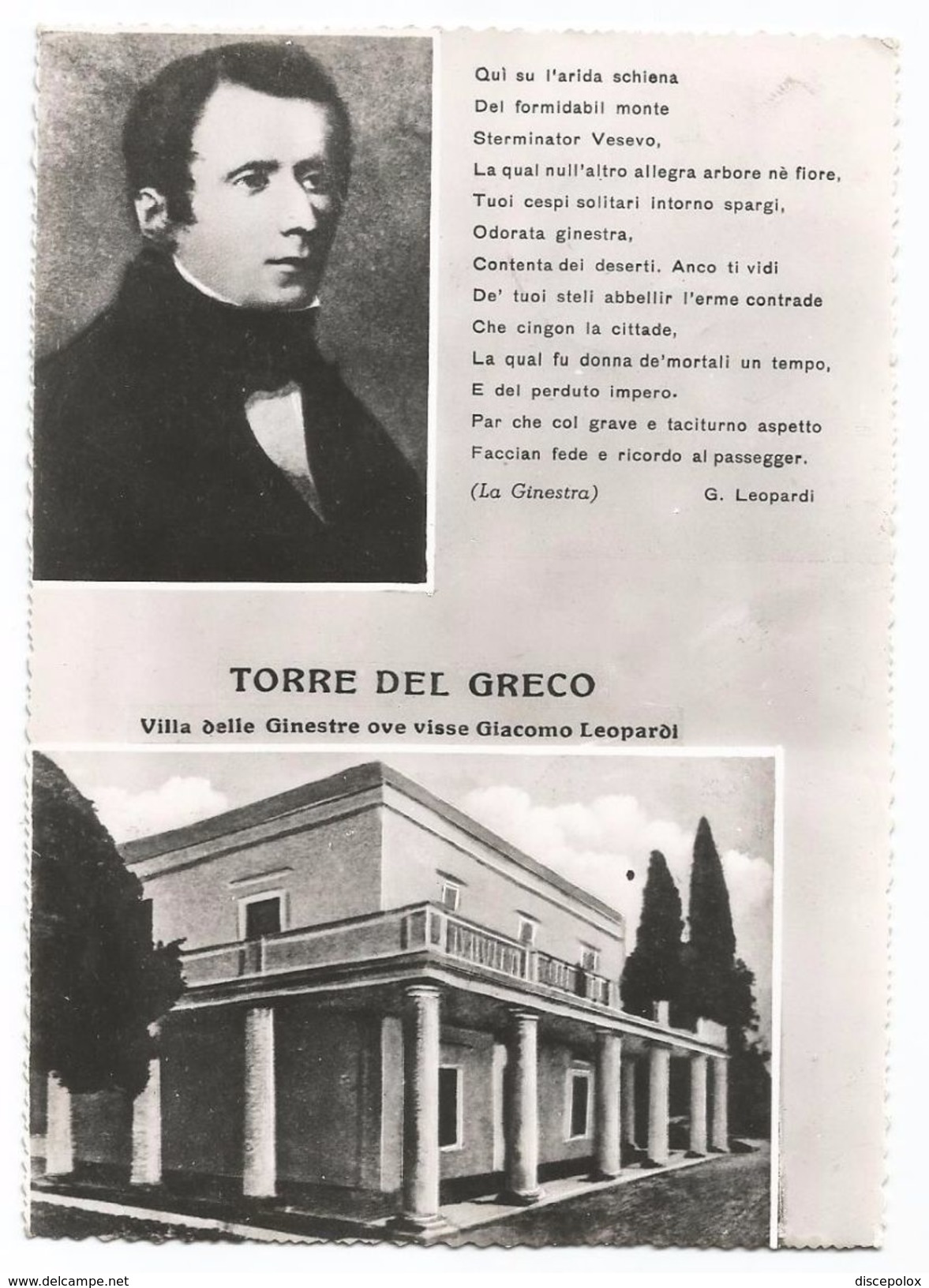 X572 Torre Del Greco (Napoli) - Villa Delle Ginestre Ove Visse Giacomo Leopardi - Versi Del Poeta / Viaggiata 1956 - Torre Del Greco