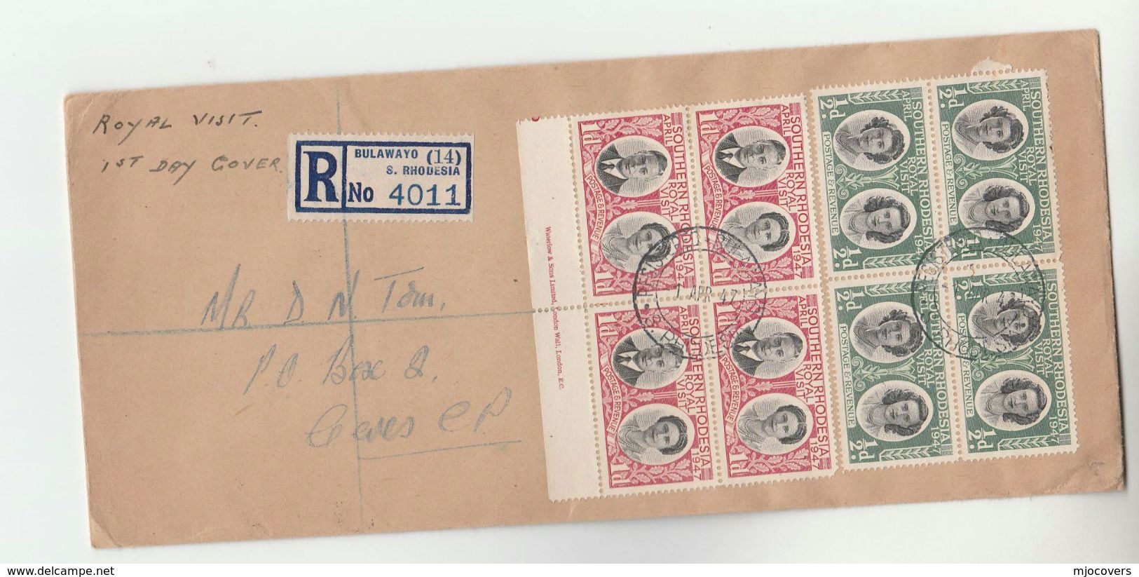 1947 REGISTERED Bulawayo To Ceres SOUTHERN  RHODESIA FDC Blocks Of 4 ROYAL VISIT Stamps Cover Royalty - Southern Rhodesia (...-1964)