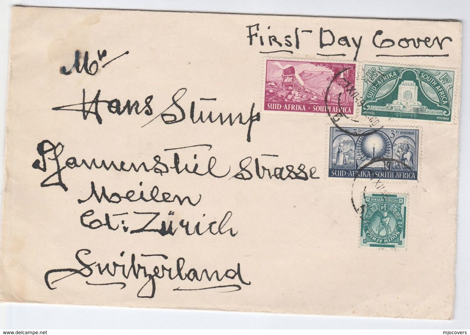 1949 SOUTH AFRICA Voortrekker FDC To Switzerland Cover Stamps - FDC