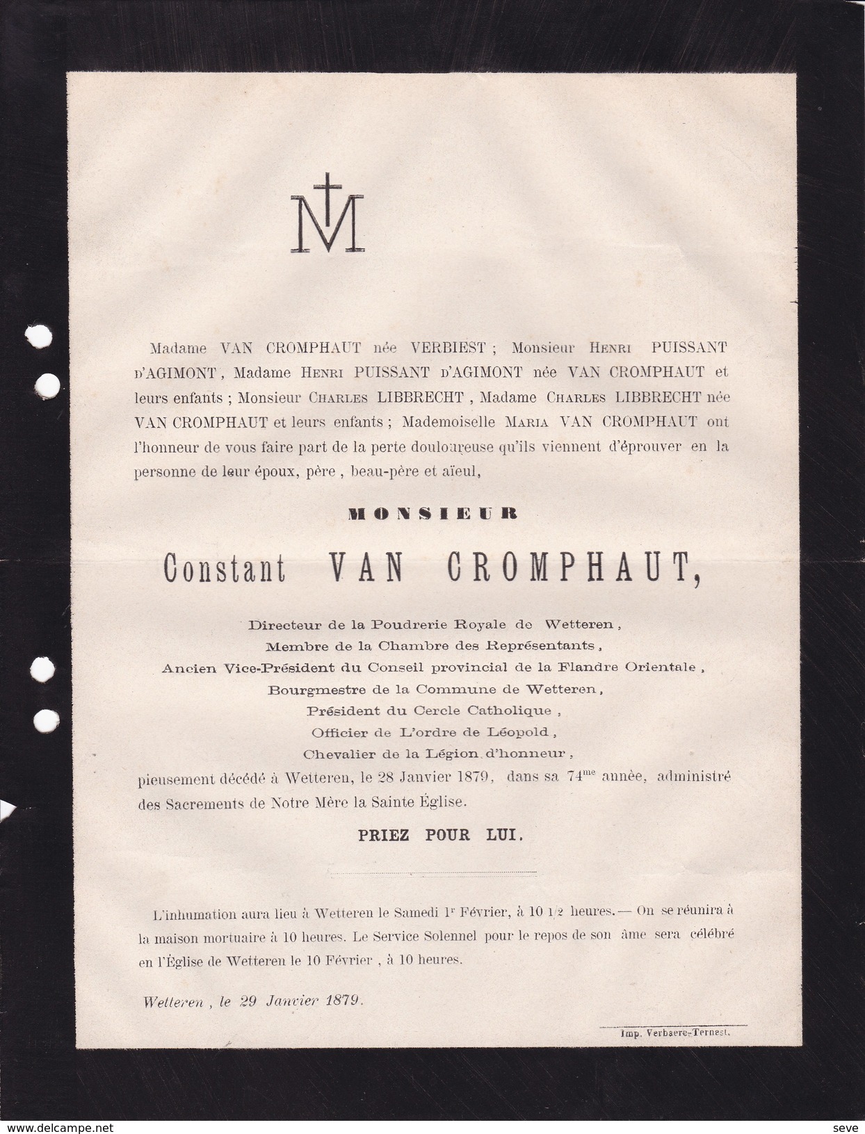 WETTEREN Burgemeester Constant VAN CROMPHAUT 74 Ans 1879 Député Poudrerie Royale Famille PUISSANT D'AGIMONT - Todesanzeige