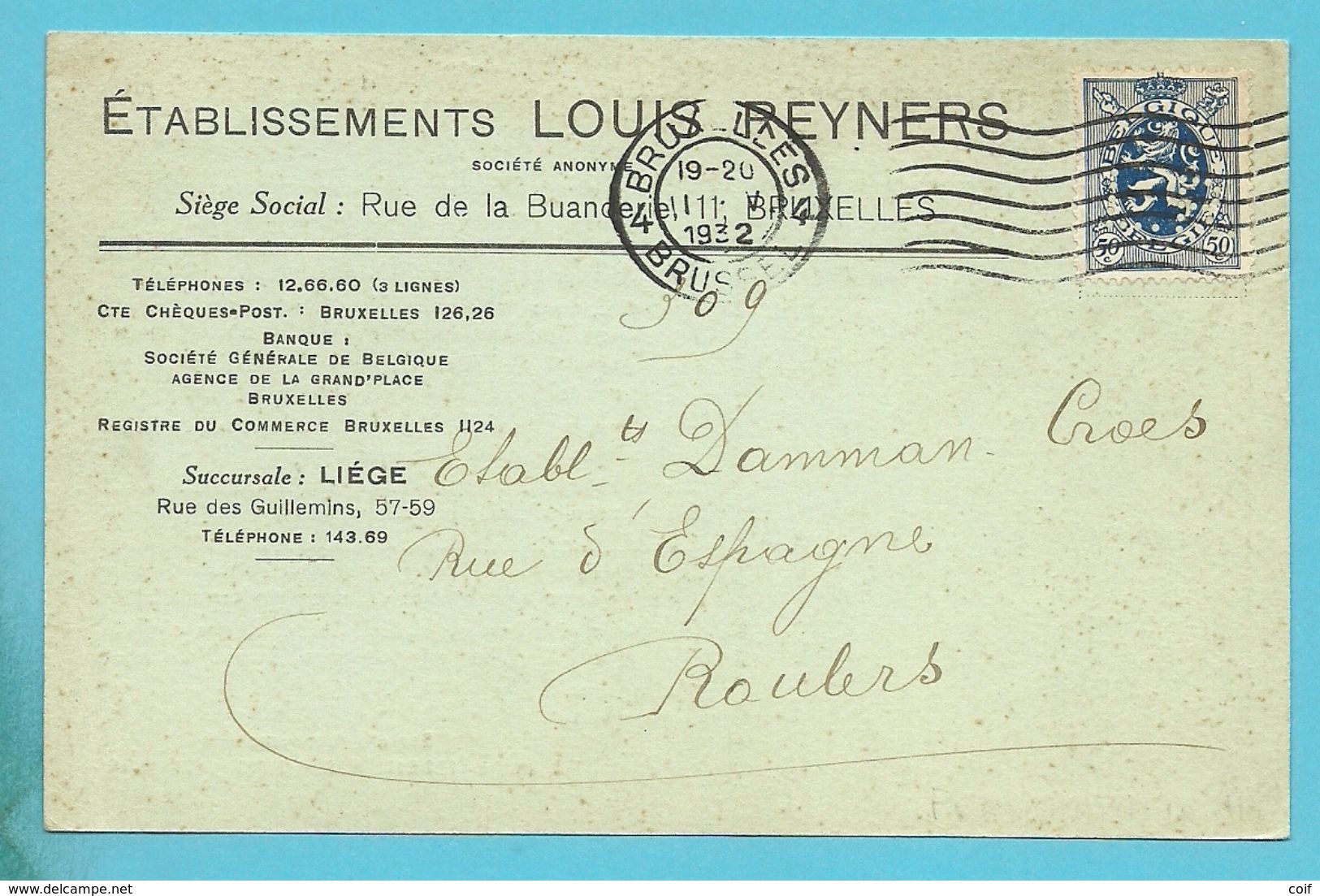 285 Op Kaart Met Stempel BRUXELLES , Met Firmaperforatie (perfin) " L.R." Van LOUIS REYNERS - 1909-34