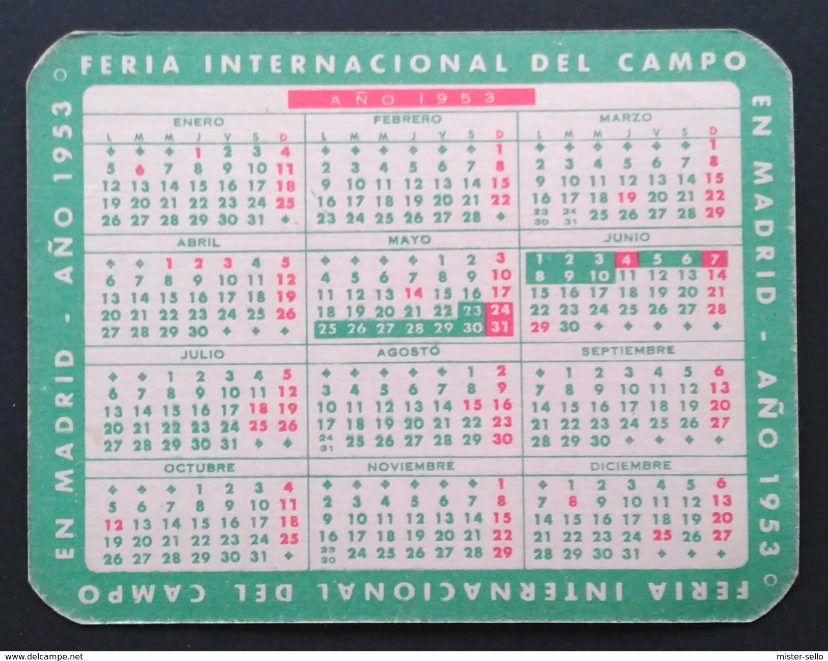 1953 CALENDARIO FERIA INTERNACIONAL DEL CAMPO. - Tamaño Pequeño : 1941-60