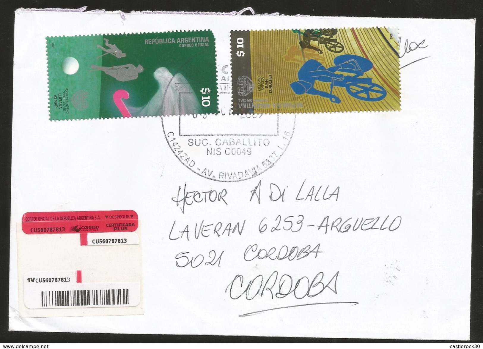 J) 2009 ARGENTINA, CYCLING, FEMALE HOCKEY ON LAWN, MULTIPLE STAMPS, REGISTERED, AIRMAIL, CIRCULATED COVER, FROM ARGENTIN - Covers & Documents