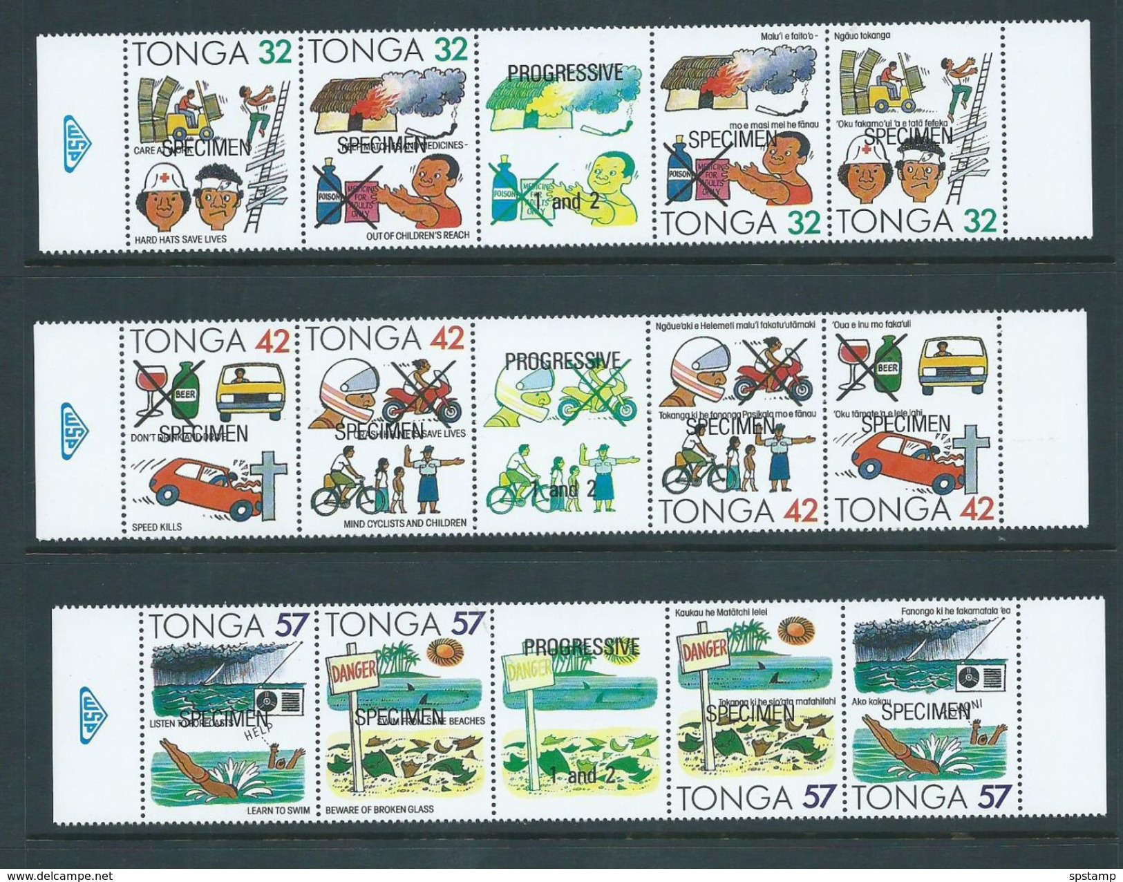 Tonga 1991 Accident Safety Set Of 3 Strips Of 4 With Central Labels (bi-lingual Pairs X 2) MNH Specimen Overprints - Tonga (1970-...)