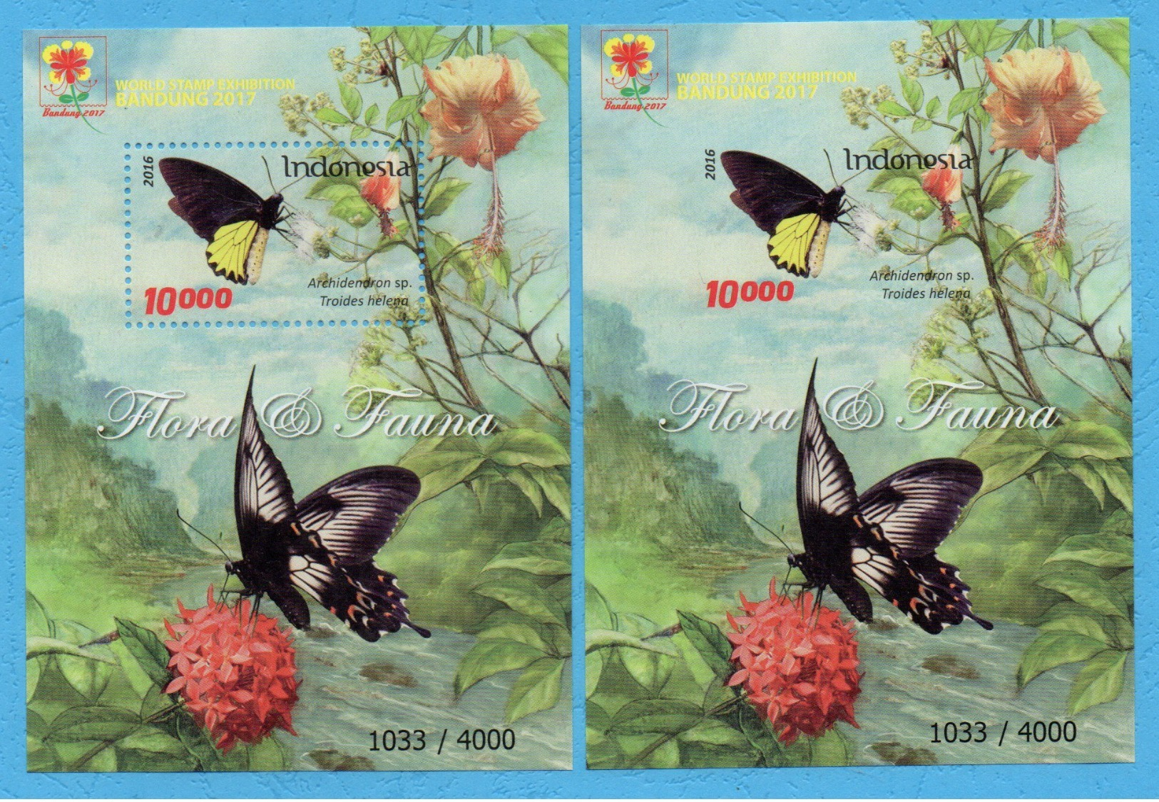 INDONESIA 2016 BUTTERFLY FLOWERS OVPT BANDUNG 2017 PERF & IMPERF 2 SS SOUVENIR SHEET STAMPS MNH - Indonésie