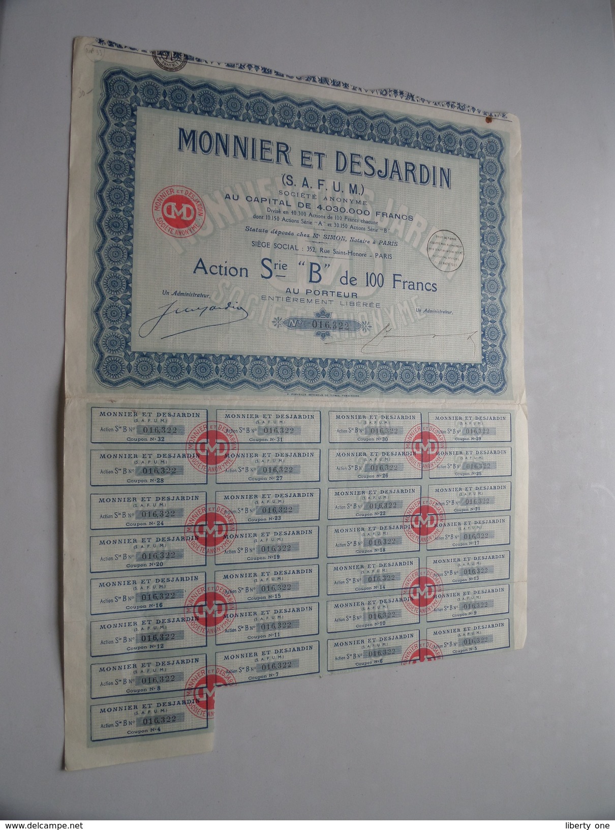 MONNIER Et DESJARDIN ( Paris ) Action Srie " B " De 100 Francs Au Porteur N° 016,322 ( For Details See Photo ) !! - M - O