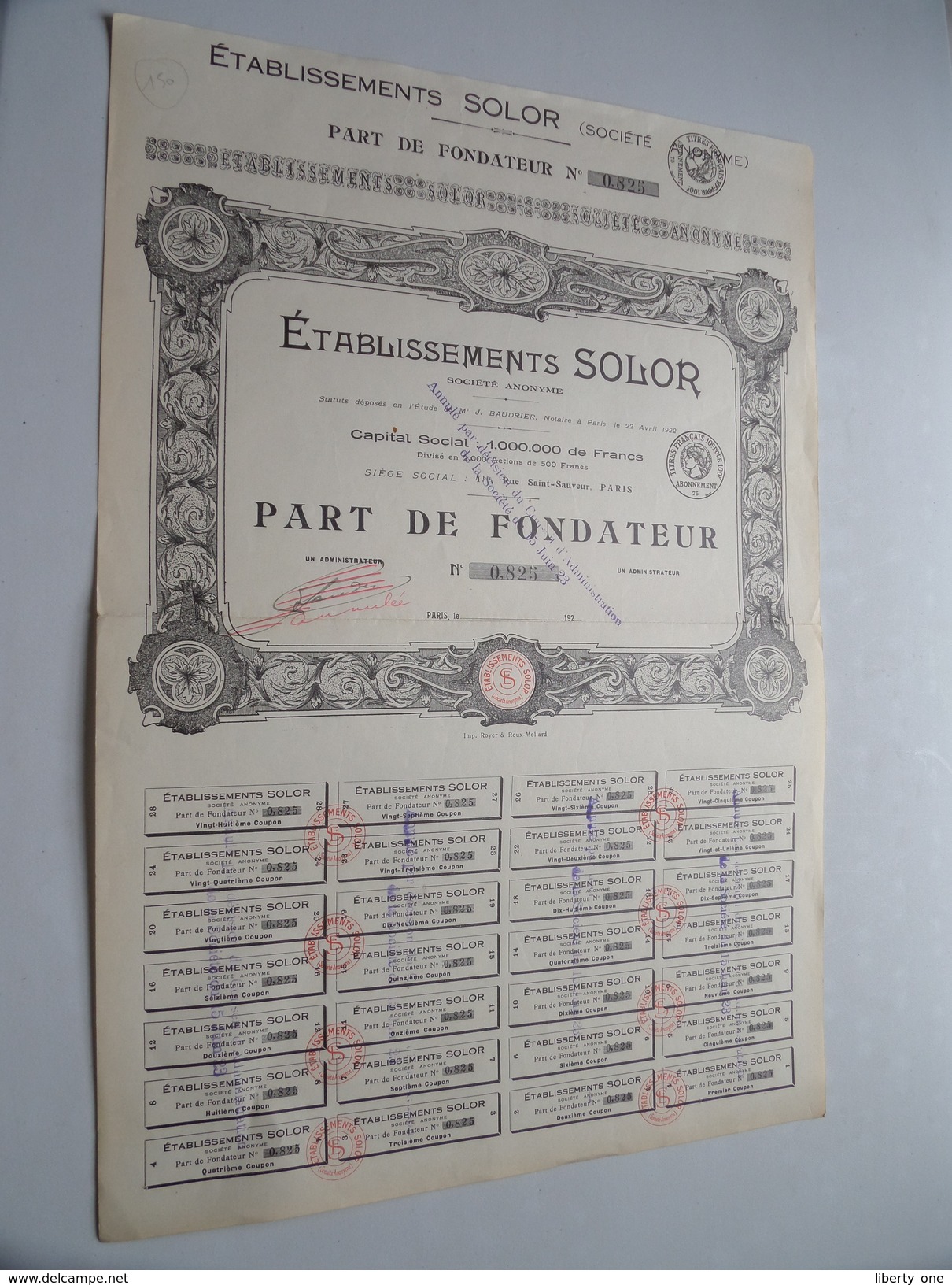 Ets SOLOR ( Paris ) Part De  Fondateur N° 0,825 ( For Details See Photo ) !! - S - V
