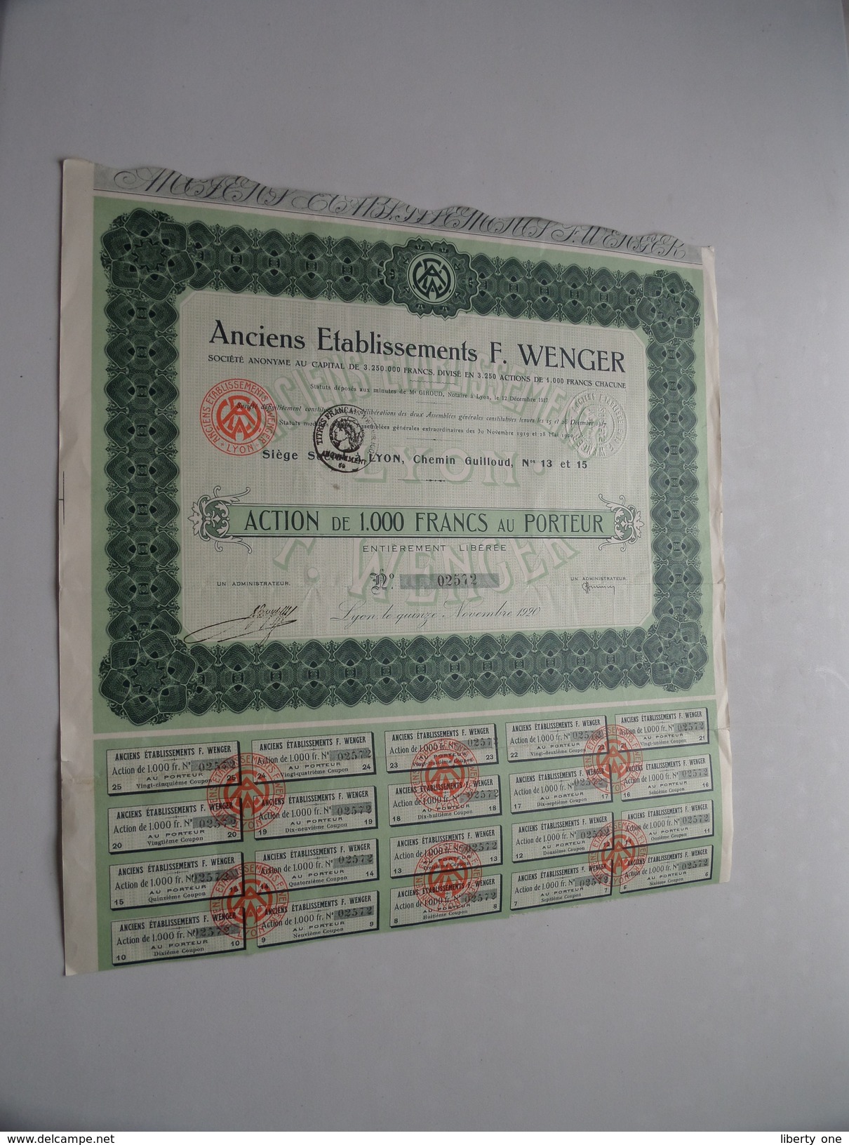 Anciens Ets F. WENGER ( Lyon ) Action De 1.000 Francs N° 02572 ( For Details See Photo ) !! - W - Z