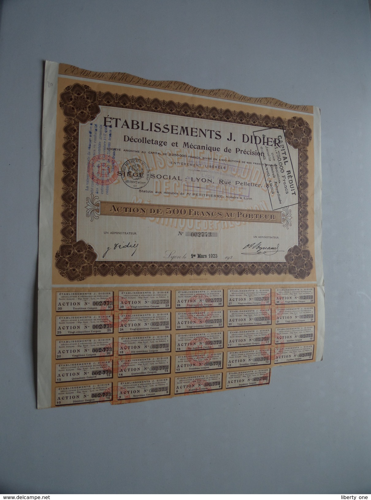 Ets. J. DIDIER ( Lyon ) Action De 500 Francs Au Porteur - N° 002773 - 1923 ( For Details See Photo ) !! - D - F