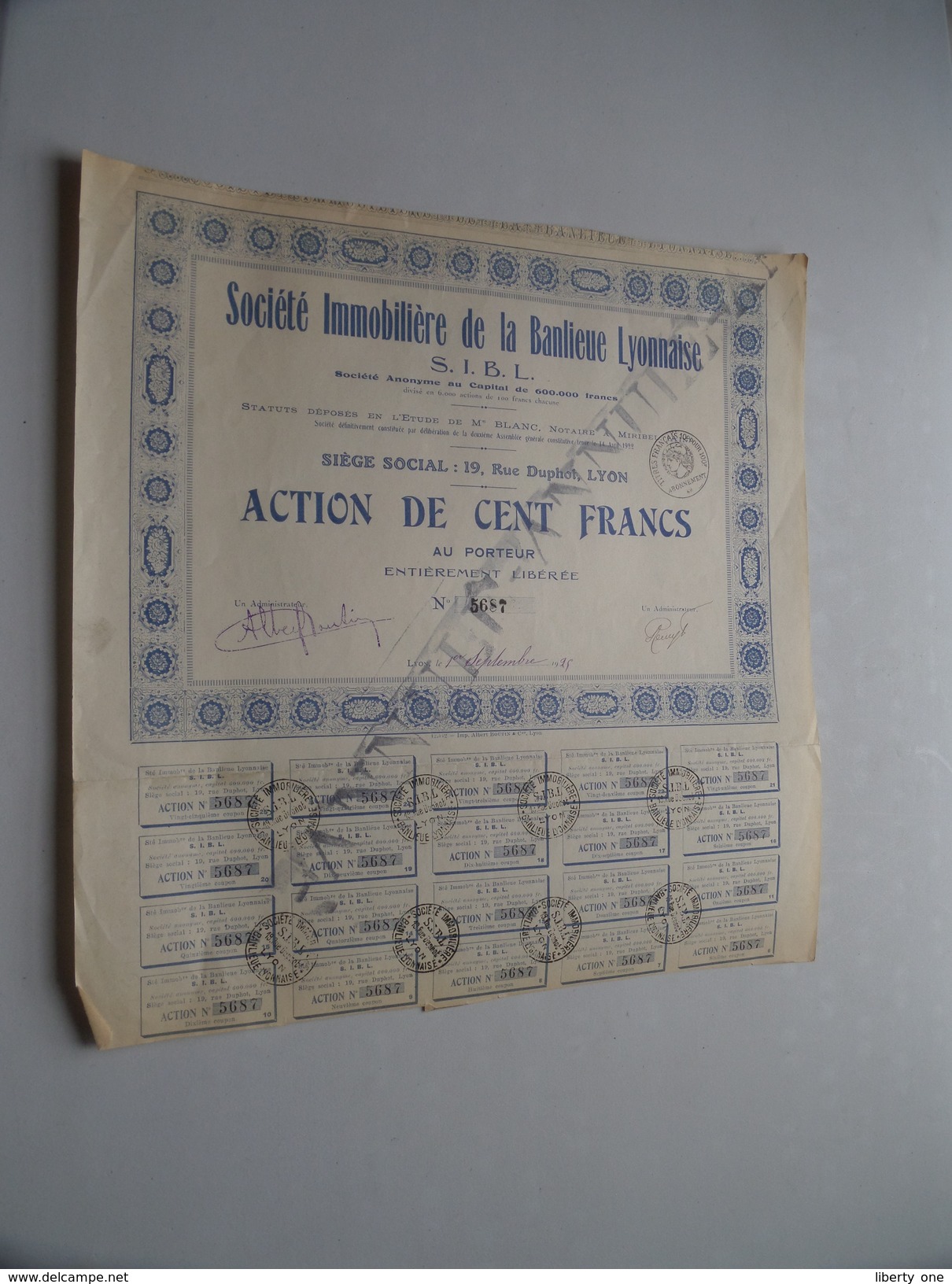 Soc. Immo De La BANLIEUE Lyonnaise ( Lyon ) Action De 100 Francs Au Porteur - N° 5687 - 1929 ( For Details See Photo ) ! - Autres & Non Classés