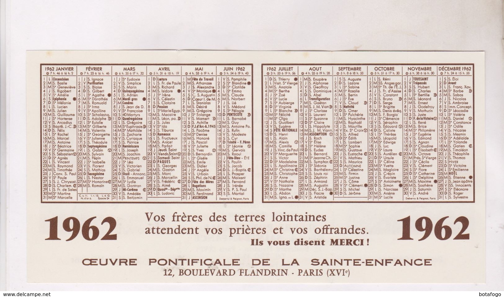 PETIT CALENDRIER EN 3 VOLETS,OEUVRE PONTIFICALE DE LA SAINTE ENFANCE En 1962! - Petit Format : 1961-70