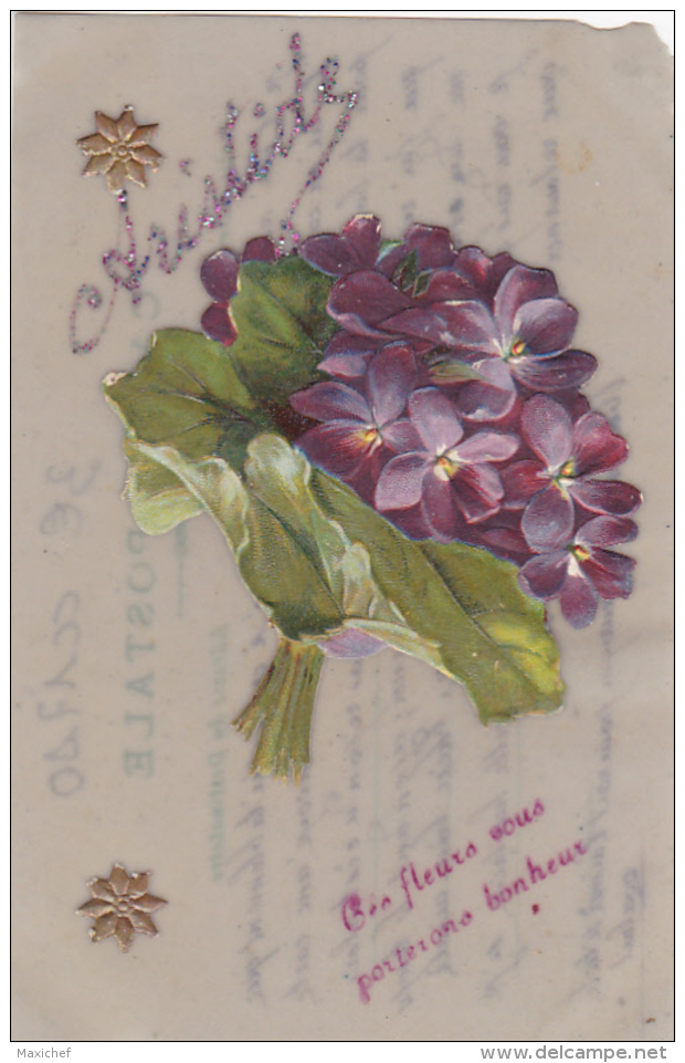 Carte Celluloide Avec Collage Bouquet De Violettes &amp; étoiles Dorée "Aristide, Ces Fleurs Vous Porterons Bonheur" - C - Autres & Non Classés