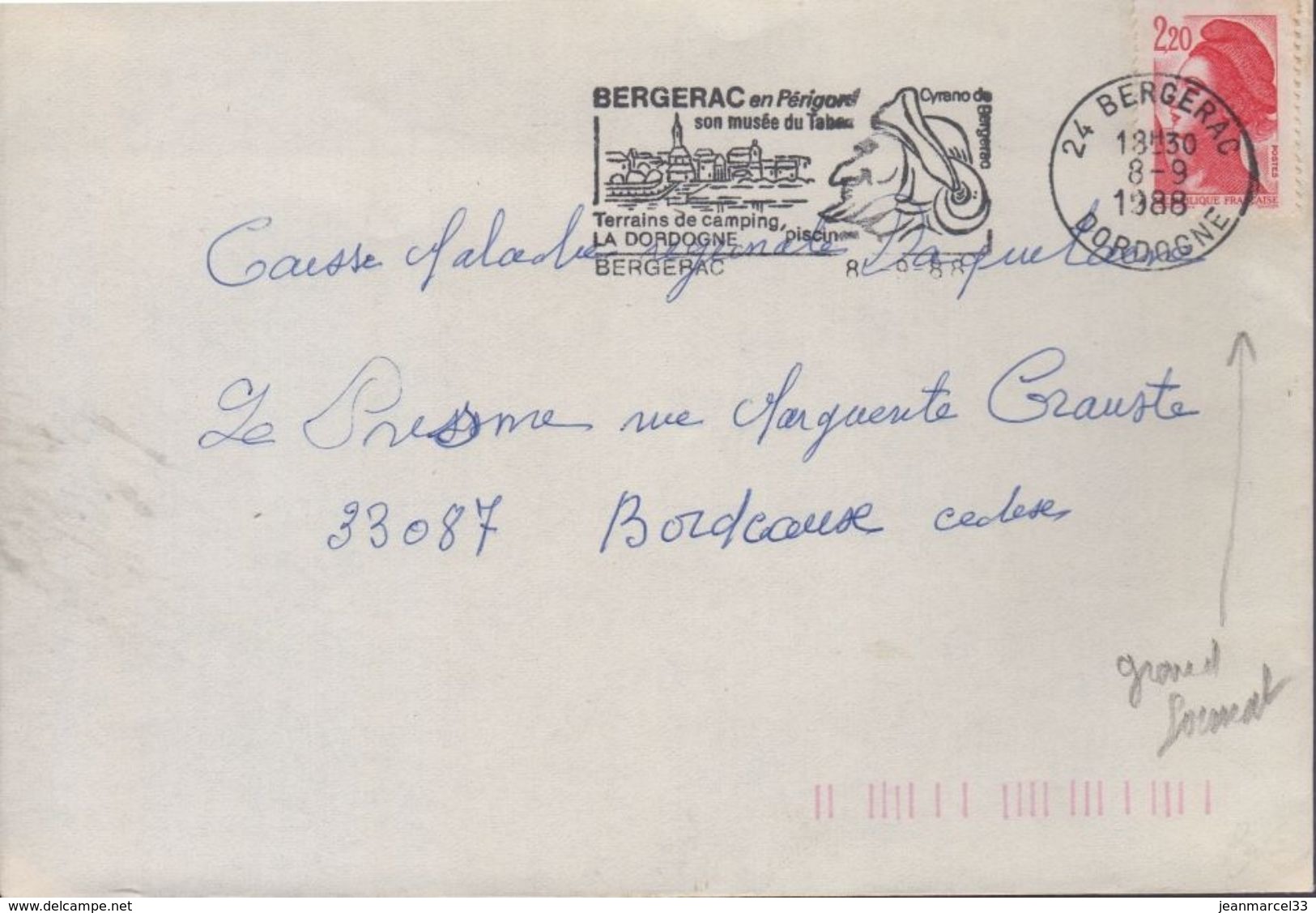 Lettre Variété Sur Timbre 2,20 Rouge Liberté, Grand Format Signature En Haut Et En Bas Du Timbre - Lettres & Documents