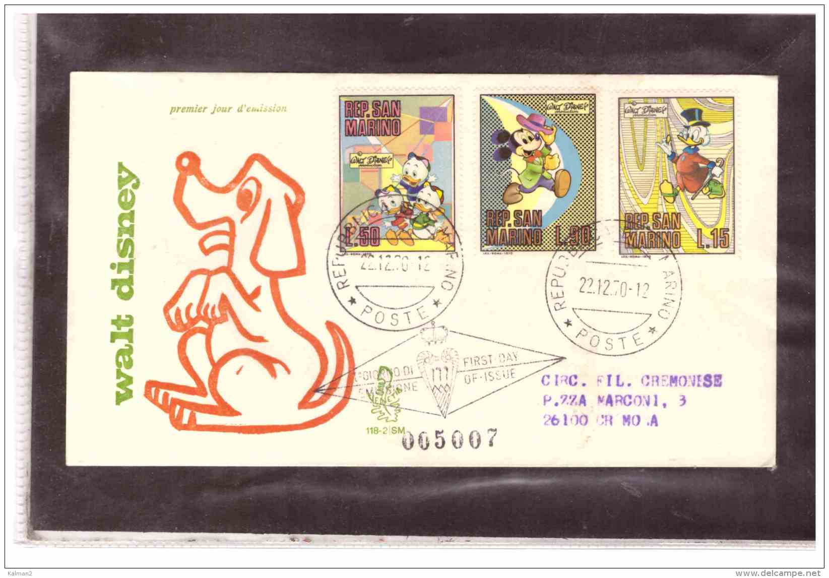 FDC4637   -   SAN MARINO   22.12.70   /   FDC   WALT DISNEY - Disney