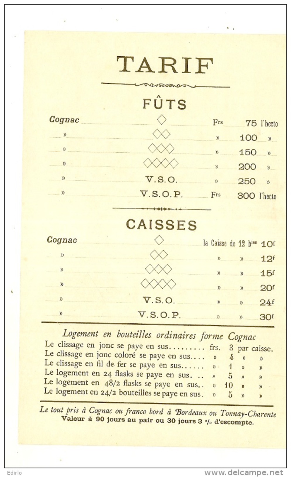 -16- Tarif  COGNAC - Carte Publicitaire De Visite De La Maison " J. LAFONT &amp; Cie " -excellent état - Cartes De Visite