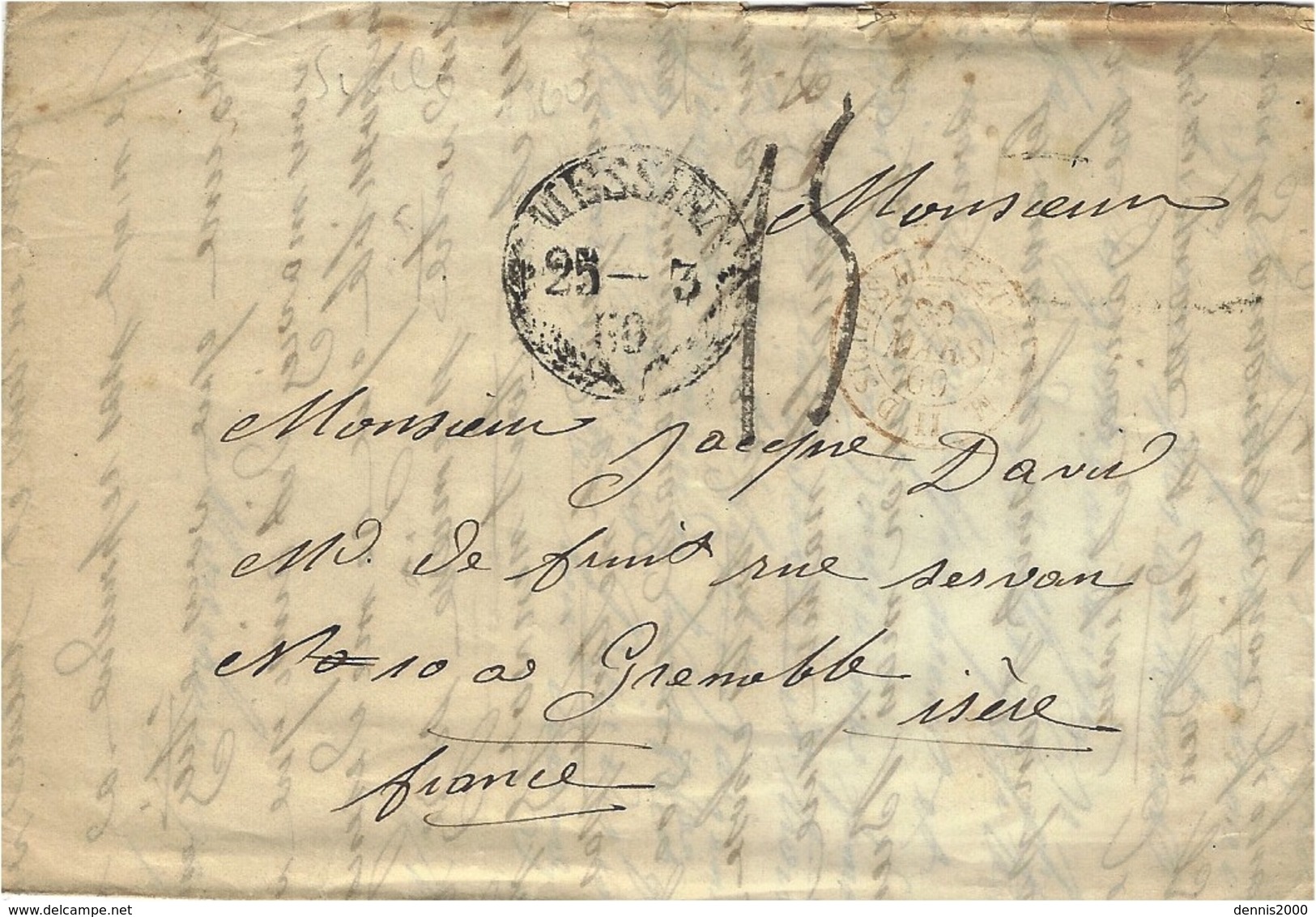 1860- Lettre De MESSINA   Pour Grenoble ( France - Taxe 15 D Tampon - Sicilia