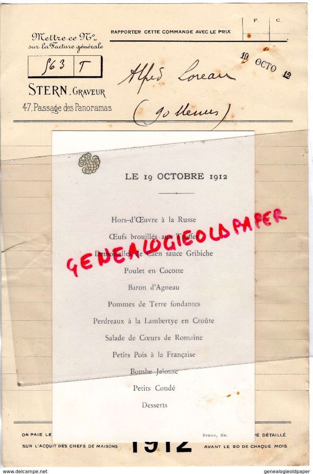 75- PARIS- COMMANDE CARTE MENU DE ALFRED LOREAU A STERN GRAVEUR -47 PASSAGE PANORAMAS- 1912 IMPRIMERIE - Imprenta & Papelería