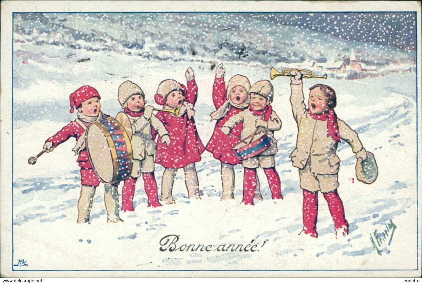 AK Karl Feiertag, Bonne Année, Musizierende Kinder, Schneegestöber, O 1922 (24547) - Feiertag, Karl