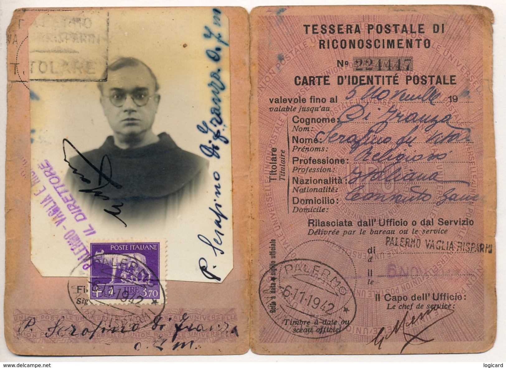 TESSERA POSTALE DI RICONOSCIMENTO ( MONACO - RELIGIOSO) CON 3,70 LIRE SERIE IMPERIALE 1942 - Storia Postale