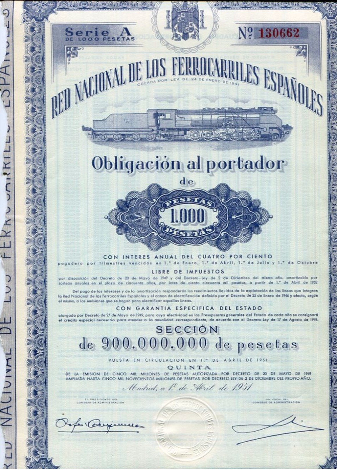 ACCION    Red Nacional De Ferrocarriles Españoles   Año 1951  - 106A - Chemin De Fer & Tramway