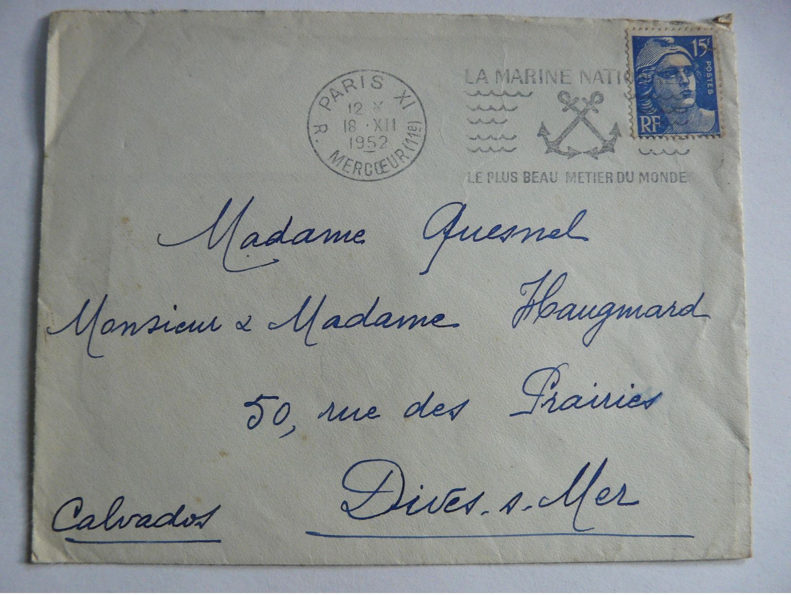 LET1 - Enveloppe De 1952 Paris Timbre Type 15f Marianne - Flamme "La Marine Nationale" - Sonstige & Ohne Zuordnung