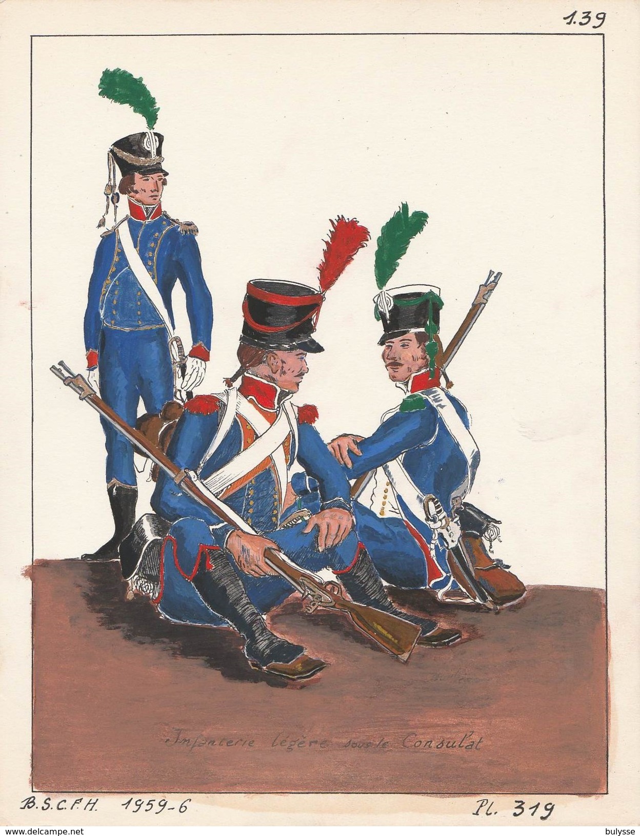 Planche Aquarellee Infanterie Légére Sous Le Consulat - Uniforms