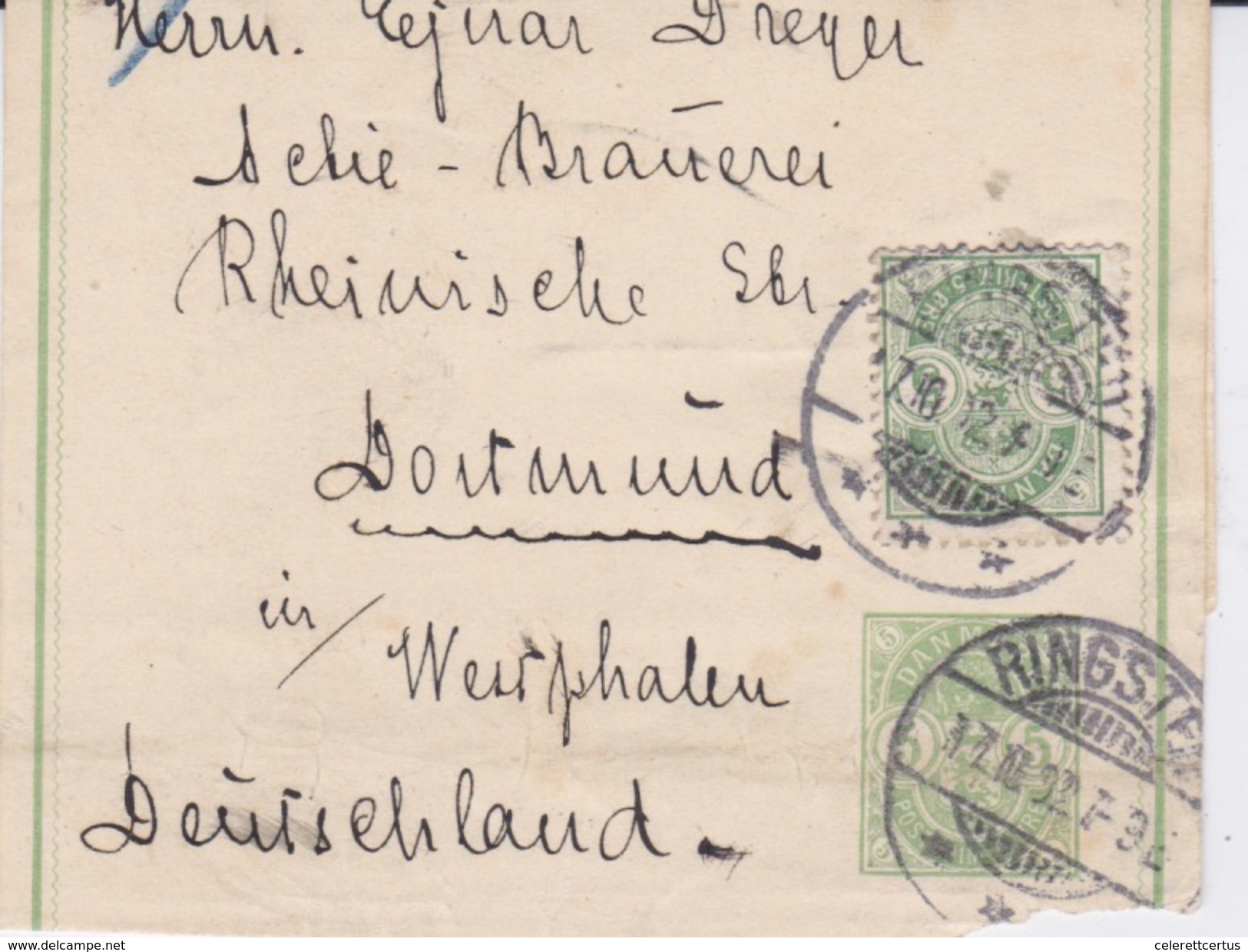 Denmark-1892 5 Ore Green Postal Stationery Wrapper Cover Uprated To 10 Ore And Sent Ringsted To Dortmund, Germany - Storia Postale