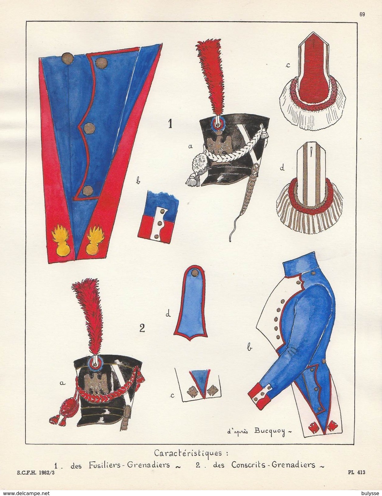 Planche Aquarellee Caracteristiques Des Fusiliers Grenadiers Des Conscrits Grenadiers - Uniformes