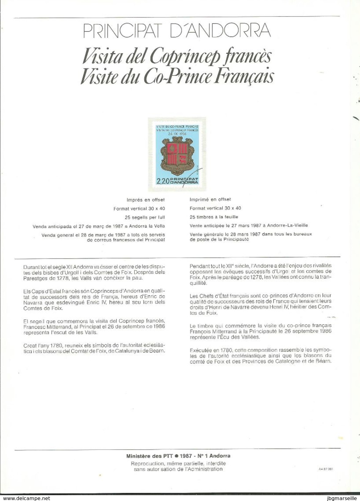 9 NOTICES Philatéliques D' ANDORRE (n°1 à 8) SANS  Timbres   Correspondants .1987 .......à Voir - Briefe U. Dokumente