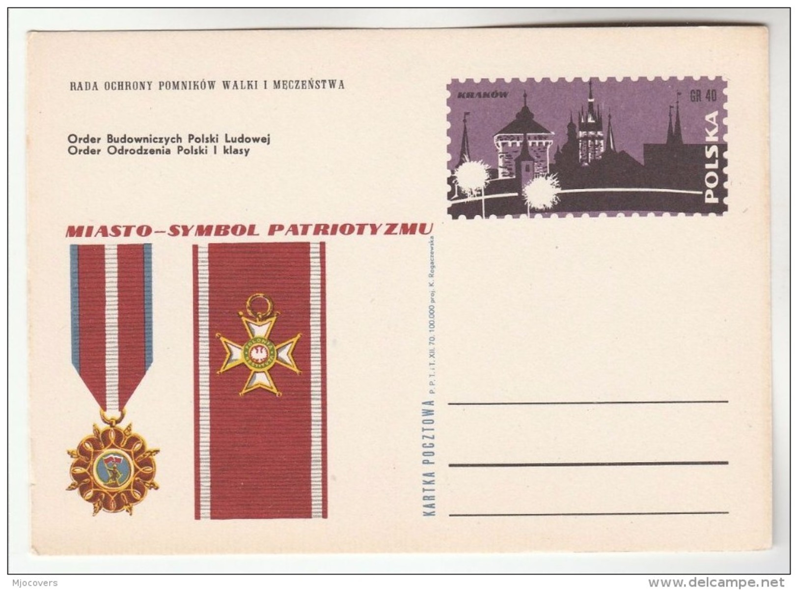 1970 POLAND Postal STATIONERY CARD Illus POLISH MEDALS, PATROTISM , KRAKOW Cover Stamps Medal - Stamped Stationery