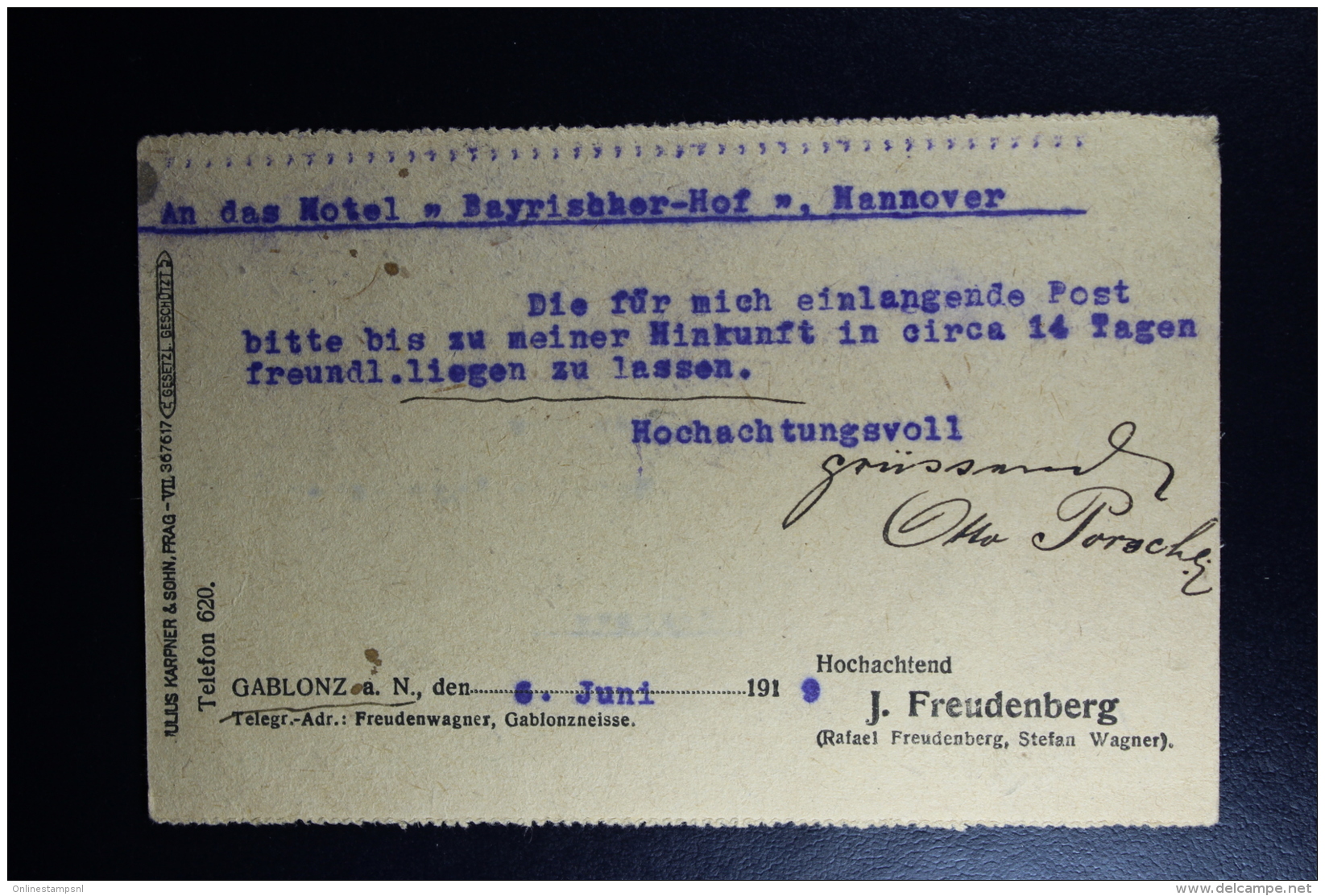 Ceskoslovenko : Post Karte  1919 Gablonz Zu Hannover Deutsland Mit Zusatzfrankatür - Ansichtskarten