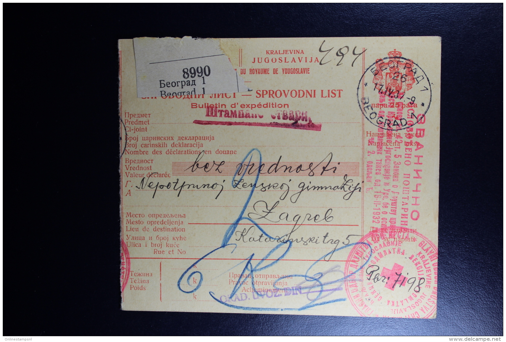 Yugoslavia :  Pakket Karte 1937 Beograd 8990 Zu Zagreb - Cartas & Documentos