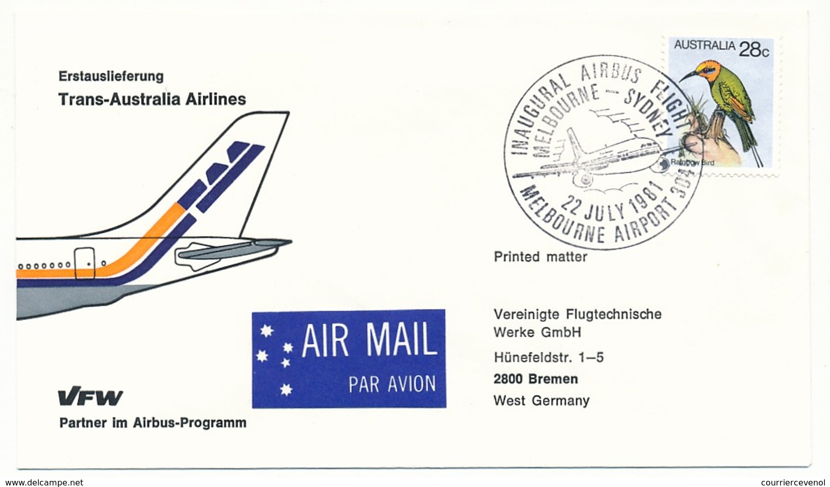 AUSTRALIE - Premier Vol Par Airbus - MELBOURNE => SYDNEY - 22 Juillet 1981 - Cartas & Documentos