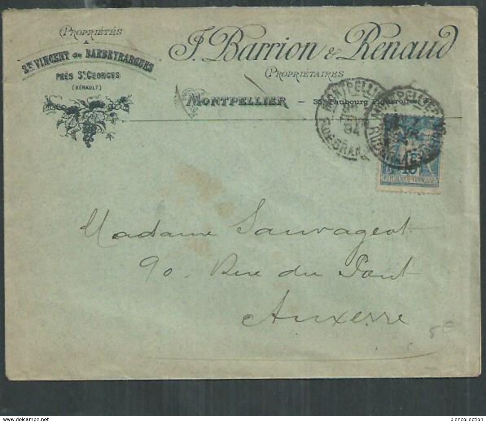 France.15cts Bleu Type Sage Oblitéré De Montpellier Enveloppe à En Tête Maison Barrion Et Renaud. Vigne Et Vin - 1876-1898 Sage (Type II)