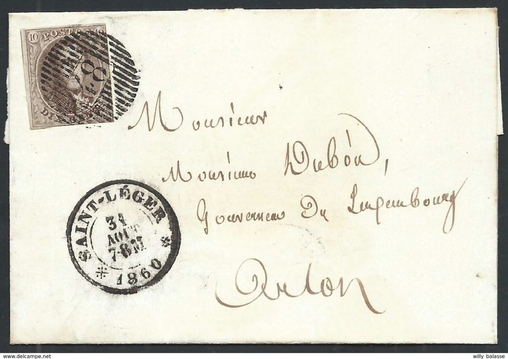 L Affr  10c Brun Distribution 48 Càd *SAINT-LEGER*/1860 Pour Arlon - 1858-1862 Médaillons (9/12)