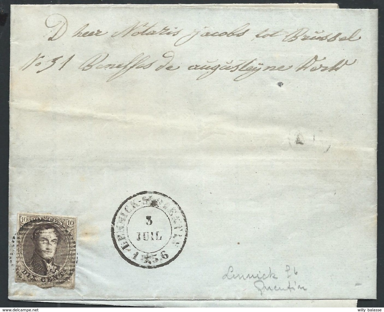 L  Affr  10c Brun Distribution 30 Càd LENNICK-ST-QUENTIN/1856 + Boîte AD ? Pour Bruxelles - 1851-1857 Medallions (6/8)