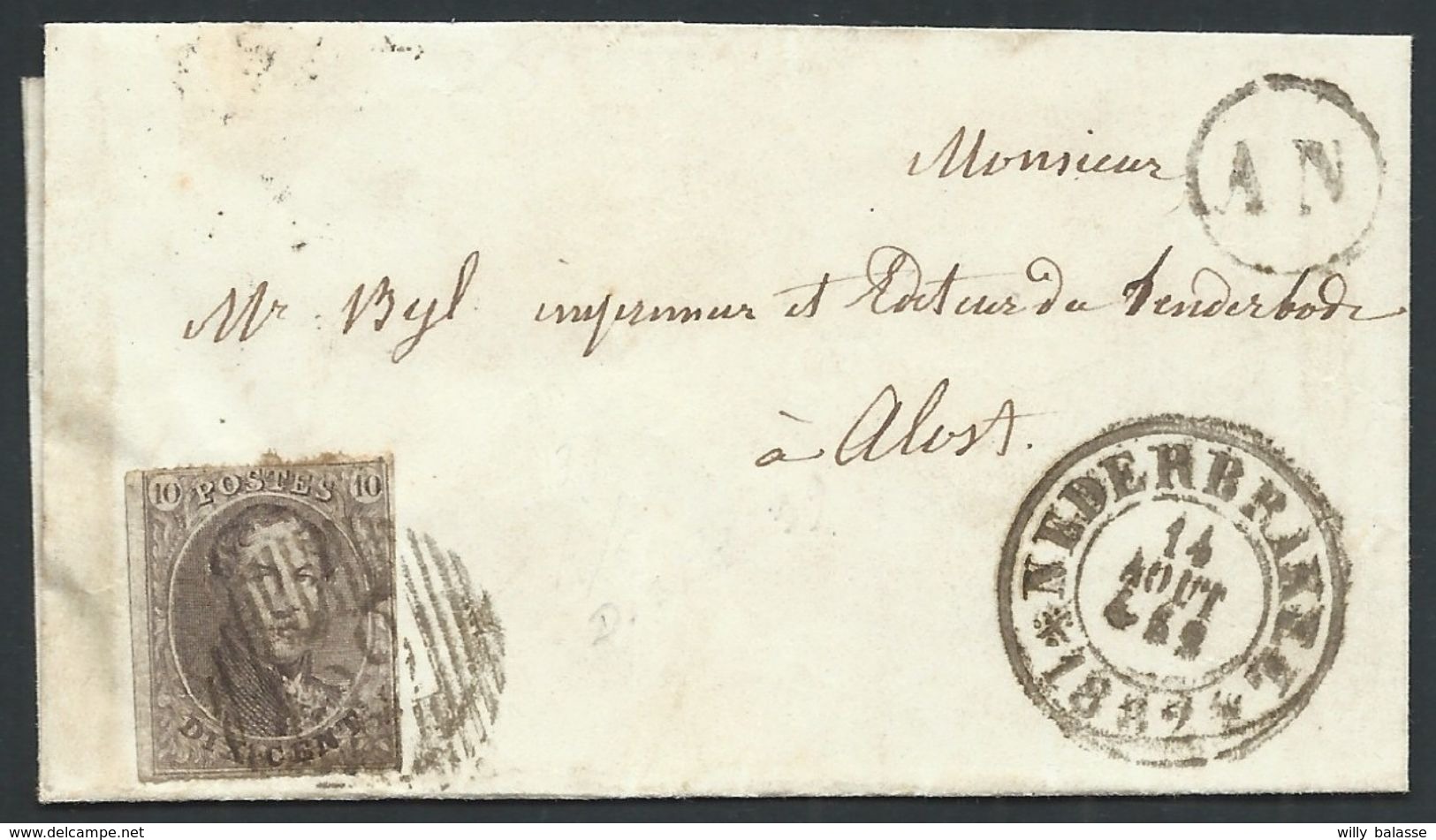 L  Affr  10c Brun  Distribution 39 Càd  *NEDERBRAKEL*/1862 + Boîte Rurale AN   Pour Termonde - 1858-1862 Médaillons (9/12)