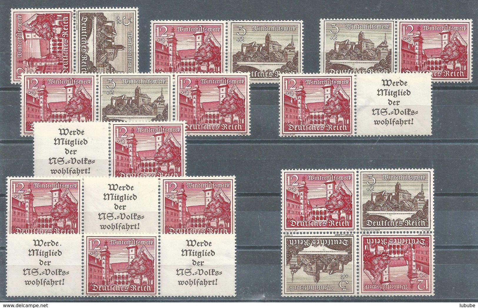 Zusammendrucke  "Bauwerke"  (3 + 12 Pf.-Werte Mit Anhänger - 9 Stück)         1939 - Unused Stamps