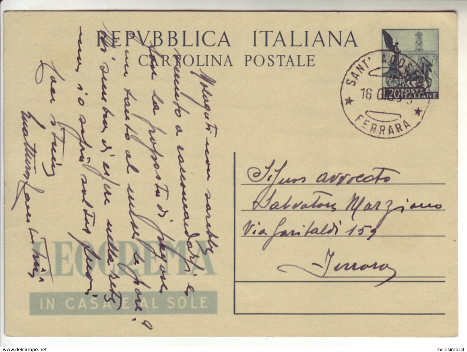 Italy Italia 1953 Intero Cartolina Postale Leocrema Sant'Agostino Ferrara - 1946-60: Marcophilie